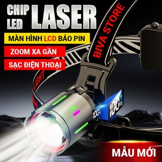 Đèn pin đội đầu có zoom xa gần Laser cảm ứng có màn hình báo pin % cao cấp P50 Tặng kèm 2 pin