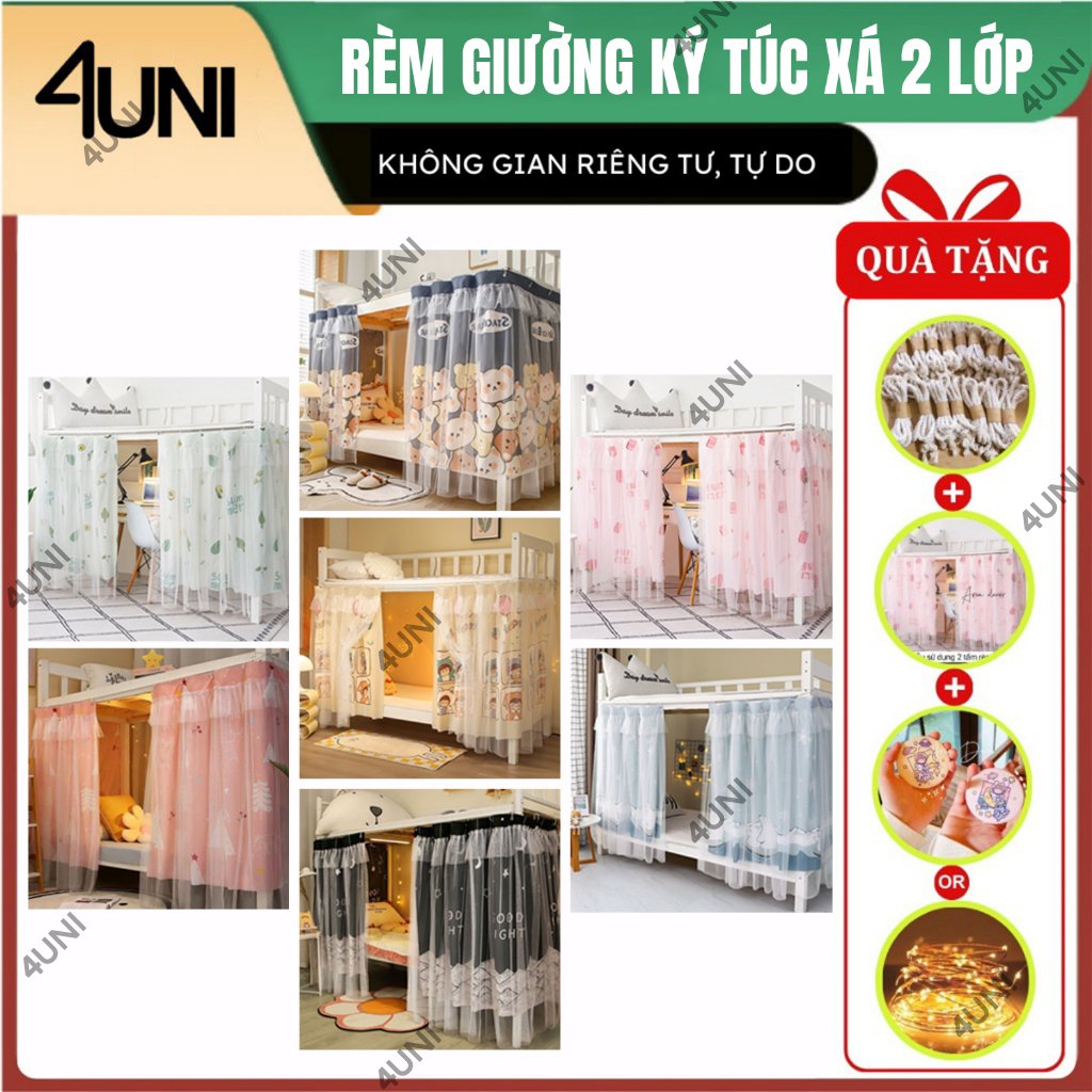 Rèm giường tầng ktx 2 lớp công chúa 4UNI, che ánh sáng, chống muỗi tạo không gian riêng tư