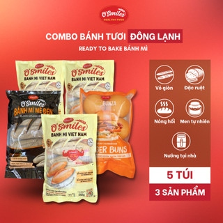 [COMBO 5 - HCM] 3 Loại Bánh Tươi Đông Lạnh O'Smiles - Bánh Mì Tươi, Vỏ Bánh Hamburger Bunza, Bánh Mì Mè Đen Osmiles