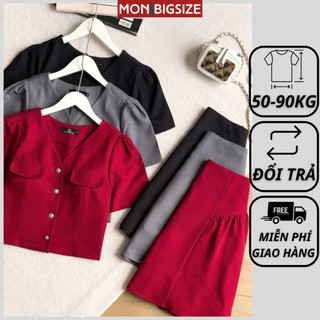 Set đồ bộ bigsize nữ dự tiệc đi chơi sang chảnh kiểu cổ tim nút ngọc chân váy vải cotton MON big size 50 - 90kg
