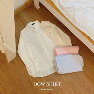 MbmumProject Bow Oversize Shirt Áo Somi Trơn Tay Dài Có Túi In Nơ