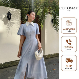 COCOMAY Đầm cổ sơ mi trắng kẻ sọc xanh dài nút bọc Đầm nữ ứng dụng đi học đi làm đi chơi