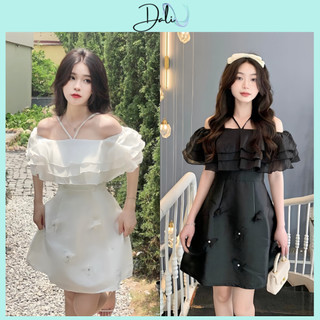 Đầm Thiết Kế Taffta Trễ Vai Phối Voan Bèo Dây Cổ Yếm Đính Hoa Ngọc Dáng Tiểu Thư