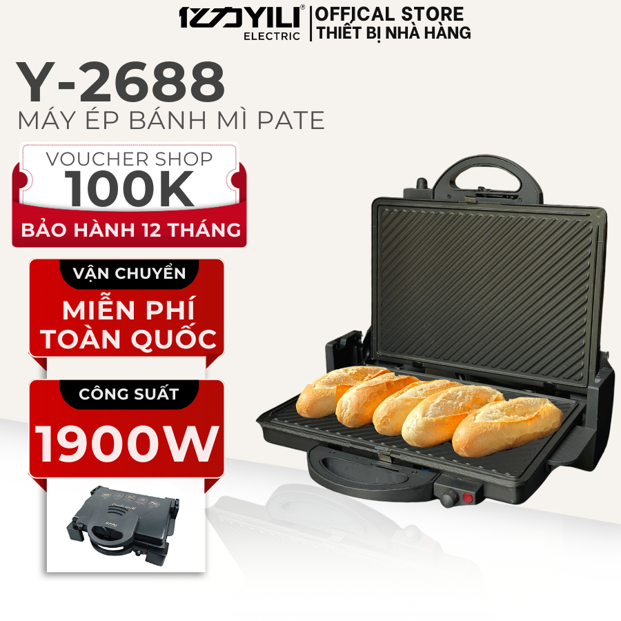 [Bảo Hành] Máy Ép Bánh Mì Pate Y2688 Công Suất 1900W, Máy Kẹp Nướng Bánh Mì YILI Bảo Hành 12 Tháng