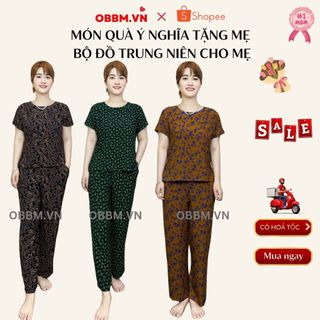 Bộ trung niên cho mẹ, bộ tay cộc quần dài lanh nhung chuẩn, ms542 bộ lanh nhung hoa lá