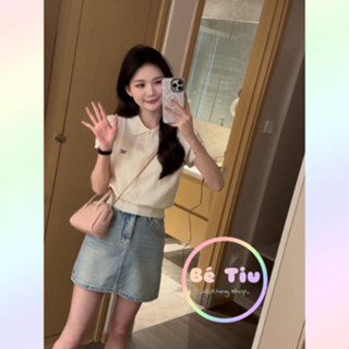 Áo Len Cổ Bẻ Cài Khuy Tay Ngắn, Áo Len Dệt Kim Polo Thêu Nơ Nhỏ Ngực Nhẹ Nhàng Đơn Giản Thời Trang Dành Cho Nữ | Bé Tiu