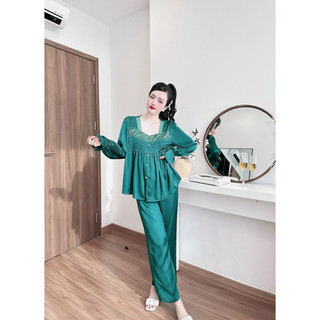 Set lụa tay dài cổ vuông phối ren nút ngọc