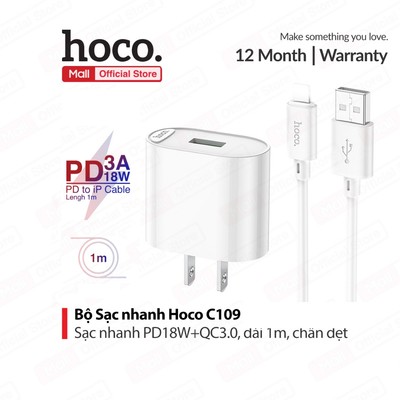 Bộ sạc nhanh Hoco C109 PD18W+QC3.0 USB to IP dùng cho ip6/7/8/X/11/12/13/14 ,dài 100cm (CHÂN DẸT)