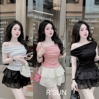 Set váy thiết kế đơn giản với 3 tone màu tôn da cho nàng đi chơi cực xinh, set áo tăm trễ vai tay ngắn phối váy ren tầng