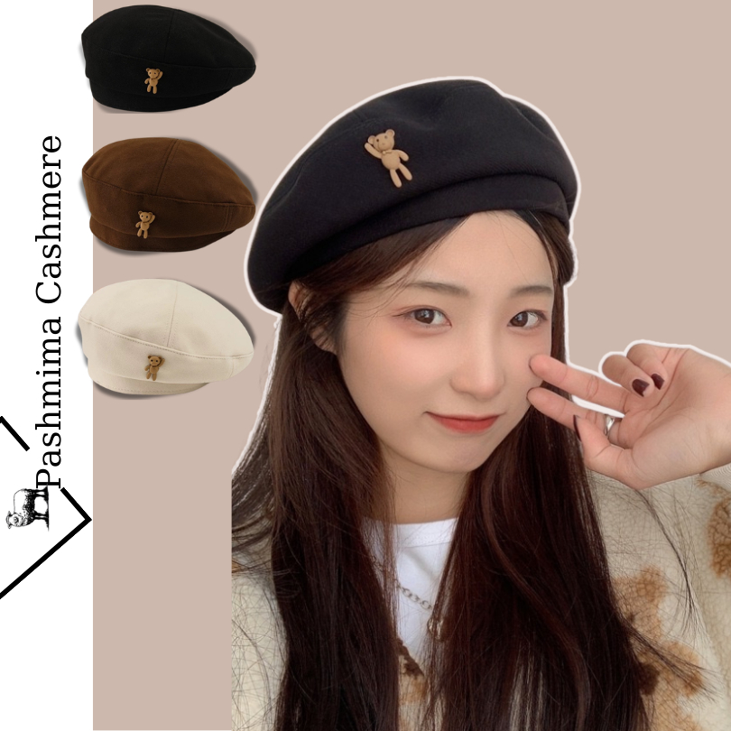 Mũ nồi Beret len cao cấp cho nữ, đính gấu nâu nhỏ, thoáng khí, ấm áp thu đông Vintage Hàn Quốc BRT02