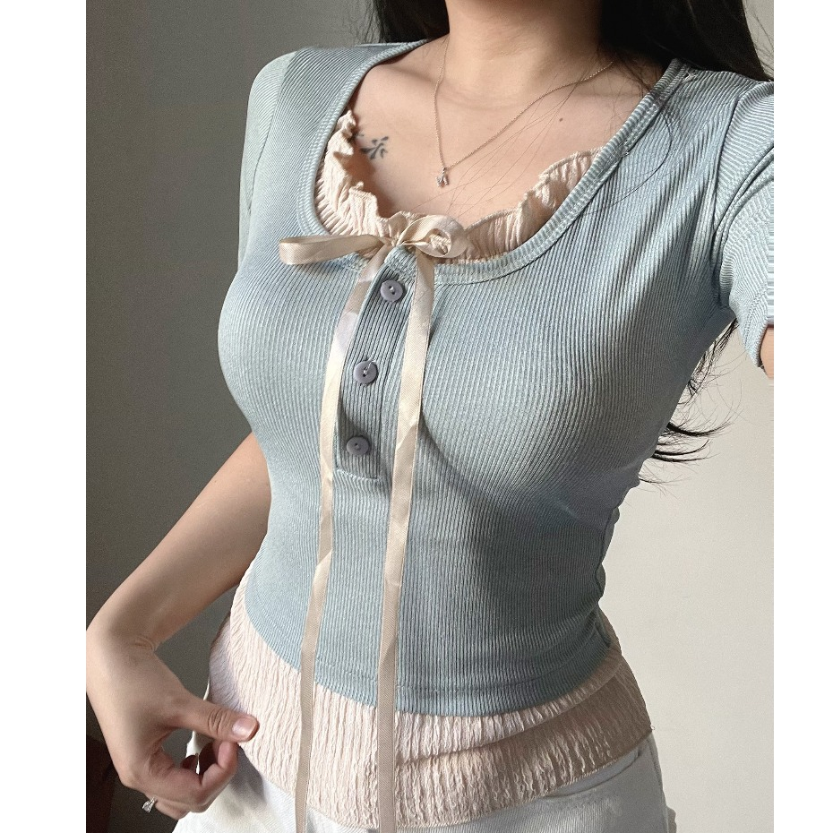 BARE_Áo thun ôm tay ngắn phối viền nơ ruy băng xinh chất thun gân tăm ôm tôn dáng- A356