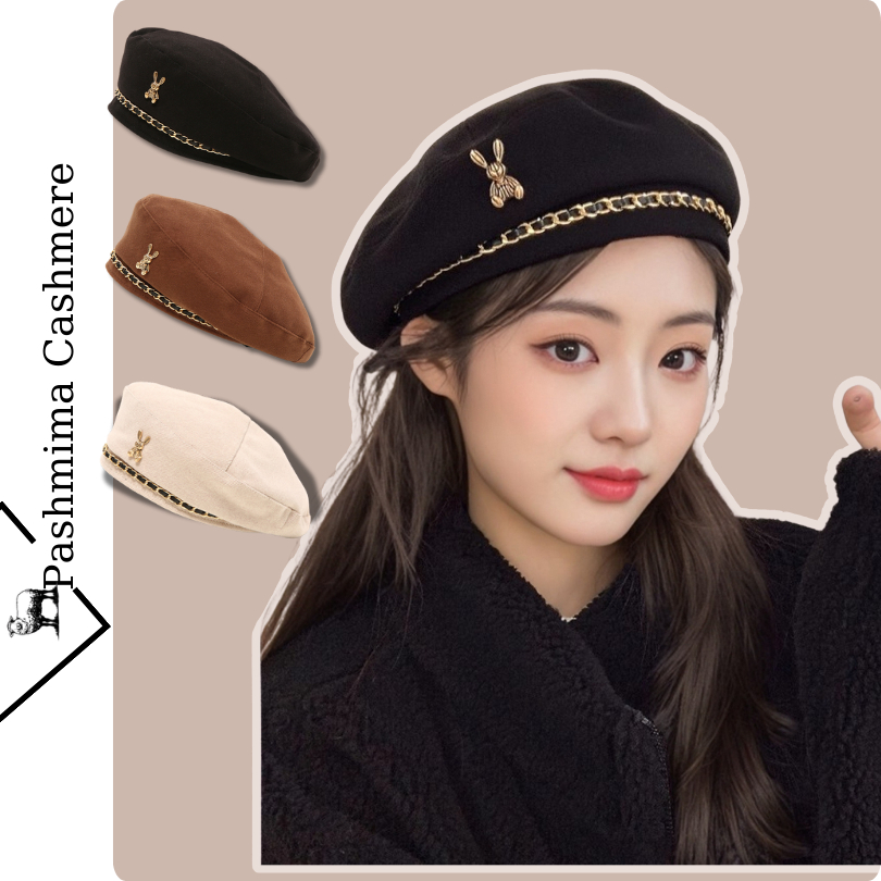 Mũ nồi Beret len cao cấp cho nữ, đính thỏ, thoáng khí, ấm áp thu đông Vintage Hàn Quốc BRT03