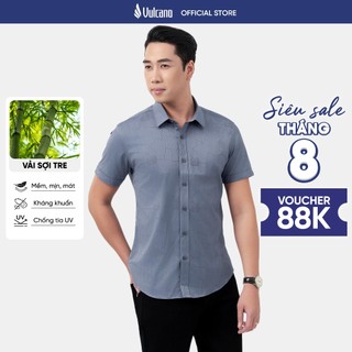 Áo sơ mi ngắn tay nam Vulcano vải sợi tre, bamboo hạn chế nhăn nhàu; màu xanh xám họa tiết 3034A