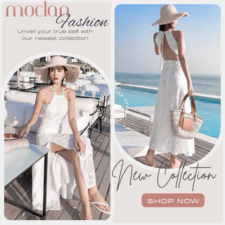 (Moclanclothing) váy maxi-váy màu trắng hơ lưng có xẻ tà mặc đi biển mùa hè