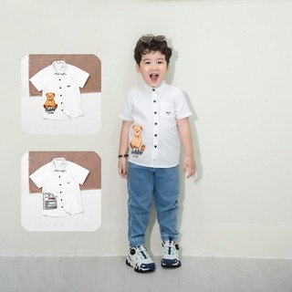 Áo Sơ Mi Trắng Ngắn Tay In Họa Tiết Gấu Và Xe Nexxi