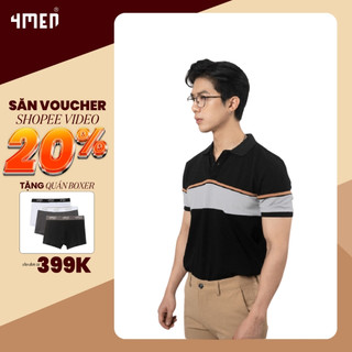 Áo polo nam 4MEN PO044 vải cá sấu dày dặn, co giãn, mềm mịn, thấm mồ hôi, thoáng mát, phối màu kẻ ngang trẻ trung