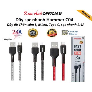 Dây sạc nhanh Hammer C04 các loại chân cắm L, Micro, Type C, dòng điện 5v-2.4A, dây dù sạc nhanh chính hãng,check Qr