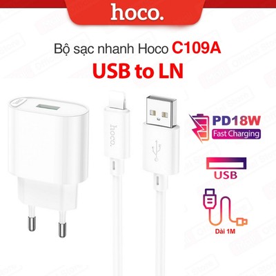 Bộ sạc nhanh Hoco C109/C109A PD18W+QC3.0 USB to IP dùng cho ip6/7/8/X/11/12/13/14,dây sạc siêu bền,dài 100cm