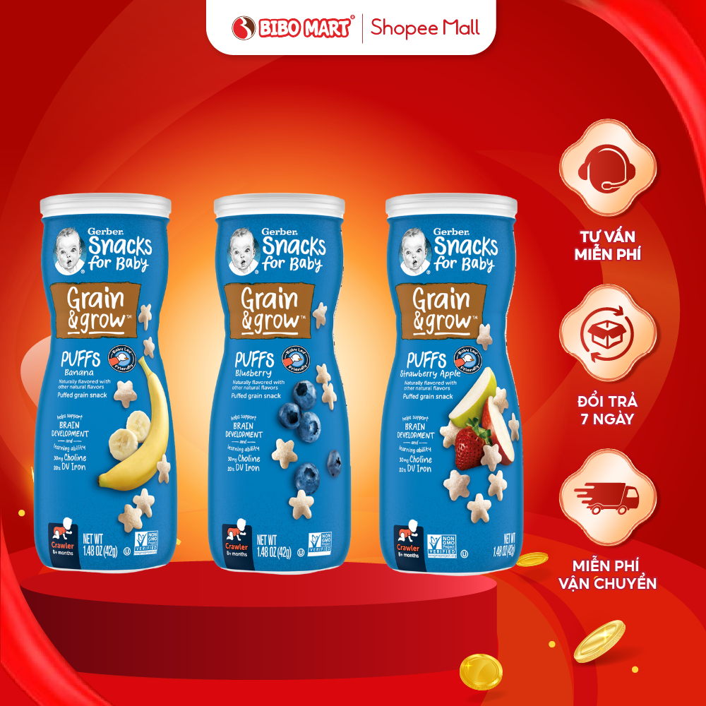 Bánh Ăn Dặm Gerber Puffs Vị Hoa Quả Việt Quất Dâu Táo Chuối Hỗ Trợ Phát Triển Toàn Diện Cho Bé Trên 8 Tháng Tuổi - Bibom