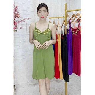 Đầm ngủ nữ, đầm thun lạnh 2 dây phối ren