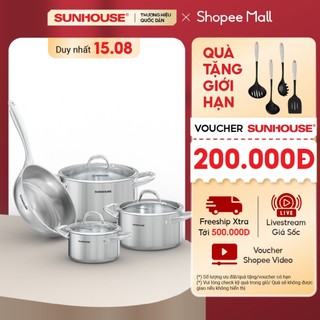 Bộ nồi chảo inox 304 sunhouse shg808 - 3 nồi và 1 chảo - dùng cho mọi loại bếp - đa lớp - dùng được cho máy rửa bát