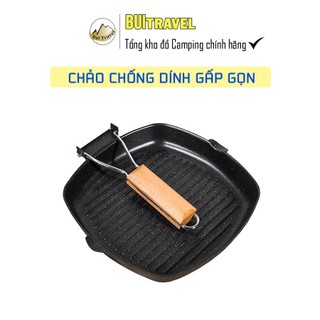 Chảo vuông dã ngoại chống dính- Chảo cán gỗ gấp gọn- Bụi Travel