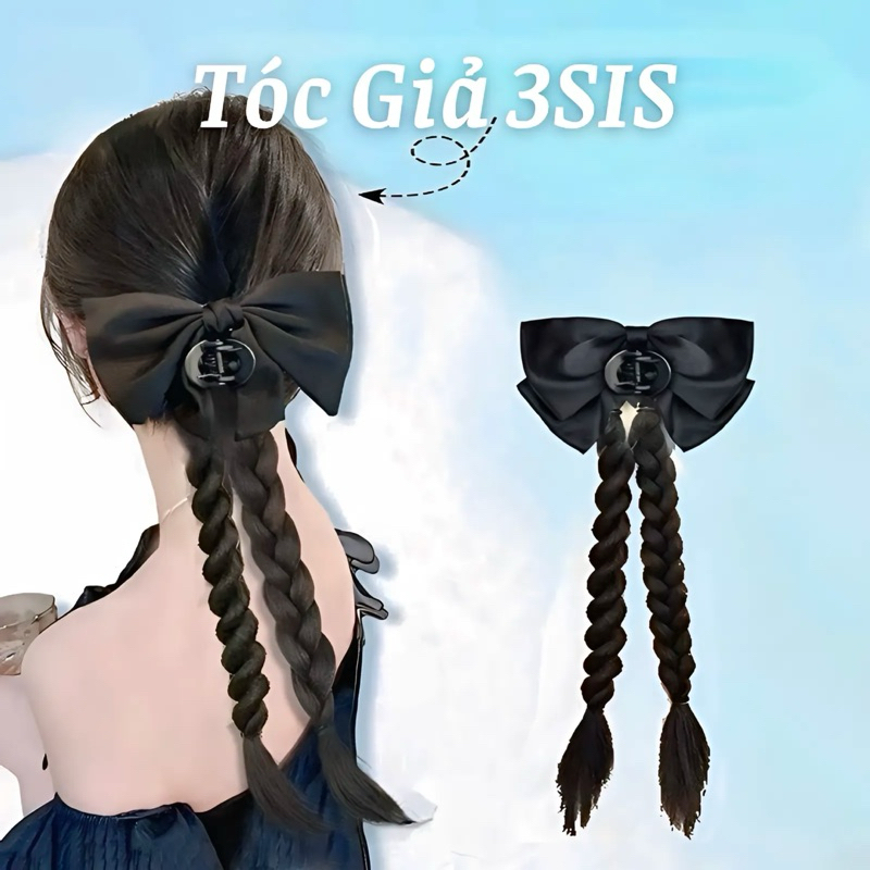 ( ẢNH THẬT ) Kẹp tóc tết giả đính kèm nơ bản to, ngoặm tóc tết giả mix nơ đuôi ngựa
