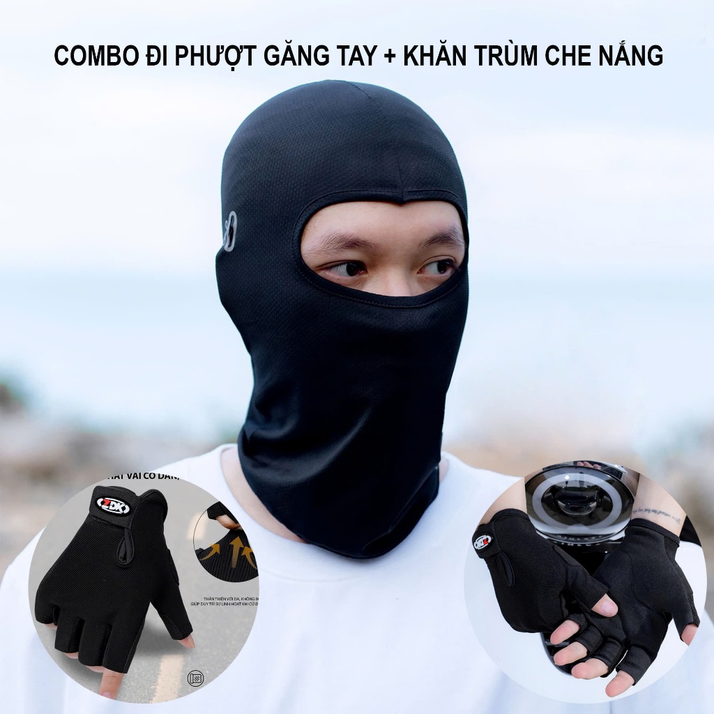 Combo che nắng đi xe máy, đi phượt, khăn trùm đầu ninja và găng tay chống nắng, chống bụi thoáng mát