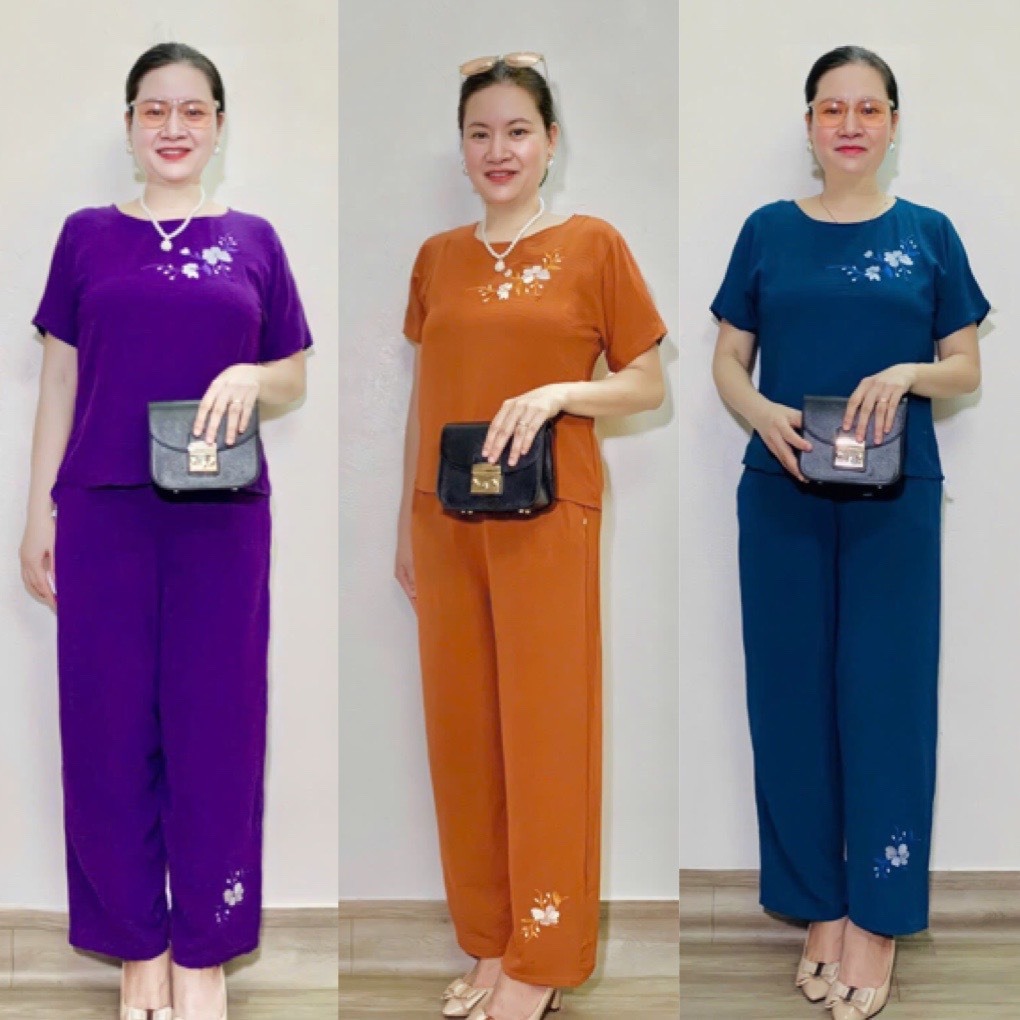 Bộ Đồ Trung Niên, Bộ Đồ Tay Lỡ Quần Dài Ống Rộng  THÊU HOA MAI Chất Đũi Tơ Mềm Co giãn Cao Cấp cho M