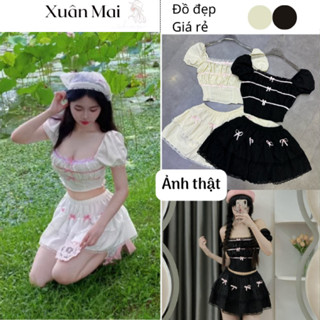 Set áo trễ vai ren đính nơ hồng kèm chân váy tầng xoè hai màu kem đen coquette tiểu thư mặc đi chơi chụp ảnh xuanmaishop