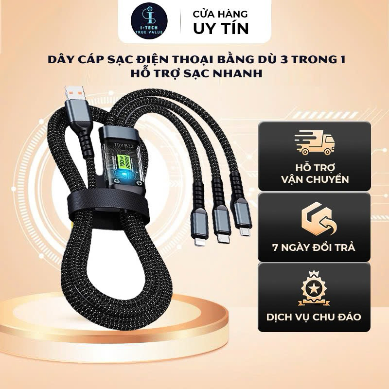 Cáp Sạc Nhanh 3 Trong 1 Aromax 100W Dây Dù Bện Có Màn Hình LED Hiển Thị Công Suất, Chống Gãy