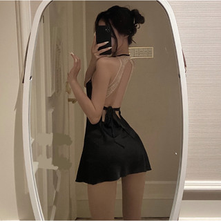 Váy Ngủ Nữ Lụa Đen Hồng Ren Có Dây Buộc Sau Lưng Thấp, Hở Ngực Gợi Cảm
