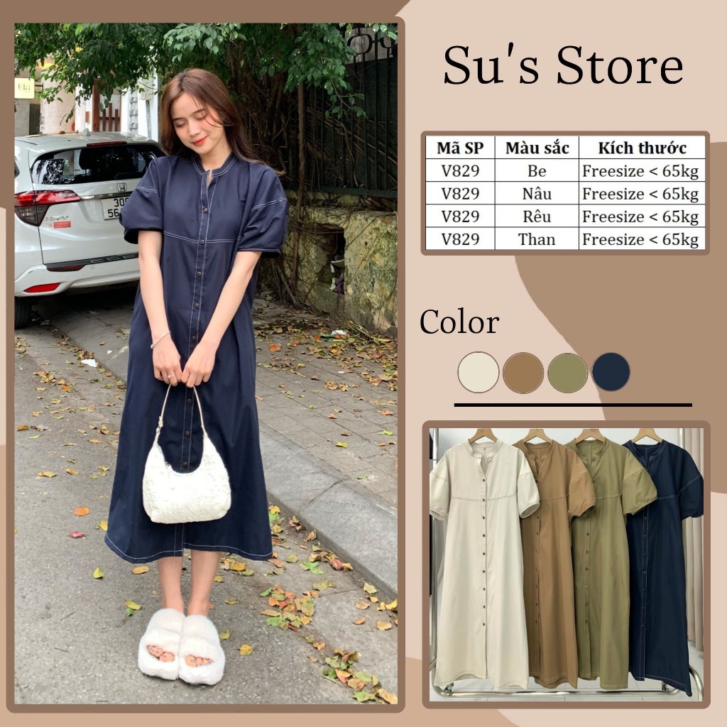 Váy Thô Mềm Chỉ Nổi Tay Bồng Dáng Dài Cúc Dọc V829 Susstore Top Women