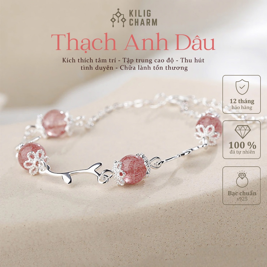 Vòng tay nữ bạc s925 đá thạch anh dâu thu hút tình duyên, lắc tay freesize KC41 - KILIG CHARM