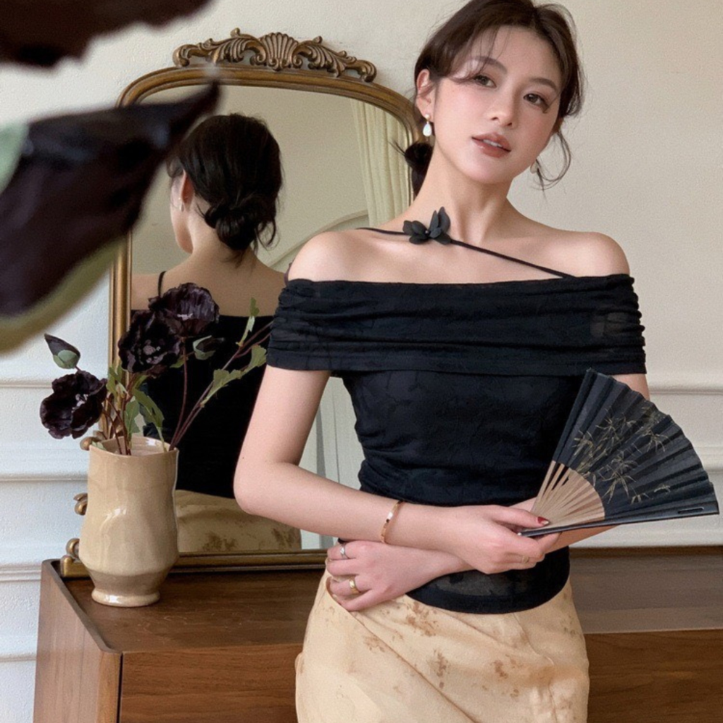 (QC loại 1) Áo Trễ Vai Có Nơ Xinh Xắn, Áo Trễ Vai Ôm Body, Áo Trễ Vai Dành Cho Nữ KARA 527- Vải thun ren co giãn, 2 lớp | BigBuy360 - bigbuy360.vn