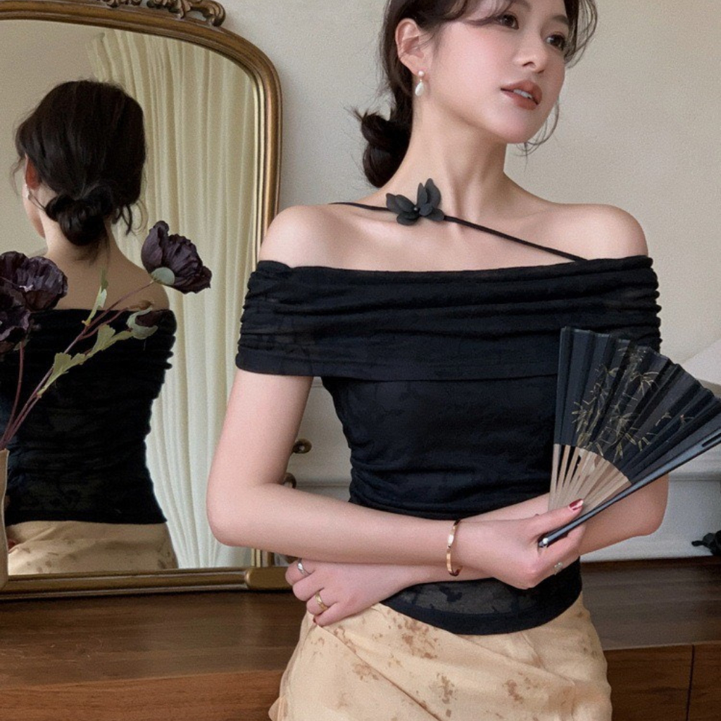 (QC loại 1) Áo Trễ Vai Có Nơ Xinh Xắn, Áo Trễ Vai Ôm Body, Áo Trễ Vai Dành Cho Nữ KARA 527- Vải thun ren co giãn, 2 lớp | BigBuy360 - bigbuy360.vn