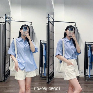 Áo sơ mi ngắn tay oversize vạt bầu màu xanh VNXK - 110A08