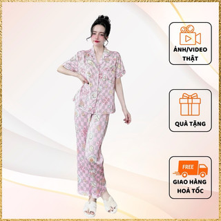 [MẪU 2024] Đồ bộ nữ mặc nhà lụa latin có nhiều size, quần dài hoạ tiết xinh trẻ trung , tông màu dễ mặc.