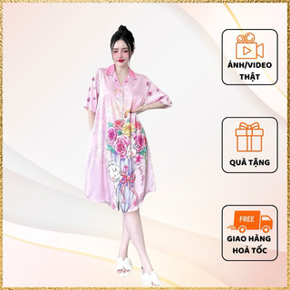[MẪU 2024] Đầm pijama mặc nhà nữ có size lụa latin, có tặng quần trong , hoa văn mặc nhà xinh, có túi 2 bên