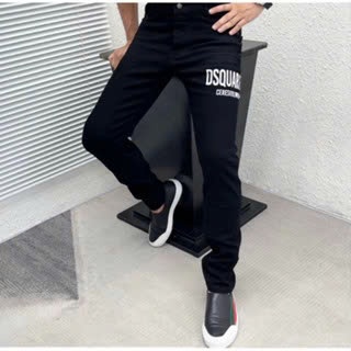 [New] Quần Bò Dài Đen trơn in chữ Dsquared_Icon trắng ngang đùi . Quần bò thời trang Nam boy phố.