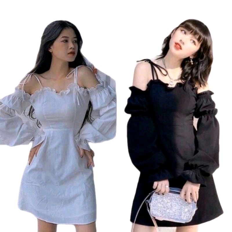 Đầm xòe trễ vai tay bồng cột dây tay dài Nữ Women D01