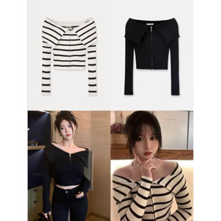 ÁO LEN KÉO KHOÁ HAI CHIỀU TRỄ VAI ĐEN KẺ HÀNG XUẤT Nữ Women Top Kem 2025