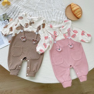 Bodysuit cho bé trai bé gái vải nhung tăm Body dài tay thu đông dễ thương Áo liền quần 2 dây Gấu SLT139