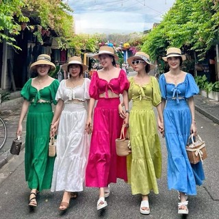 Set đầm maxi đi biển MAXI MOCKING MẶC 2 KIỂU phong cách boho bohemian rực rỡ