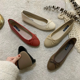 Giày hài nữ búp bê hoạ tiết nơ xinh xắn da lì mũi tròn êm chân Happy Feelling