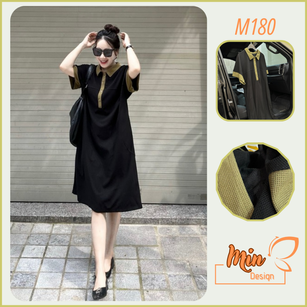 Đầm polo nữ thun cotton M180 Min Design, phom váy suông rộng dáng dài qua gối, phong cách Ulzang trẻ trung, năng động