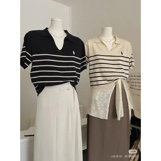 Áo len mongtoghi kẻ ngang, áo len cổ polo thêu ngựa ngắn tay from_girls - AL55