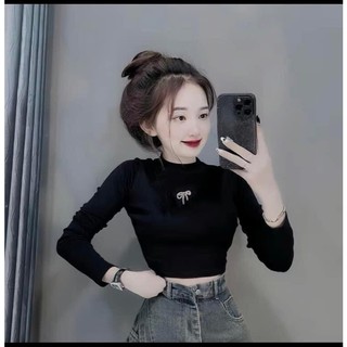 Áo tay dài croptop đính nơ nhỏ bạc trước cực xinh , chất thun bozip co giãn