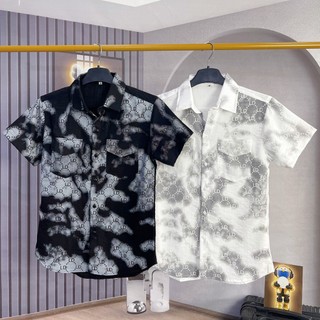 Áo sơ mi đũi tay ngắn phối họa tiết chất vải co giãn mềm mịn màu trắng đen sang trọng Nam Menswear