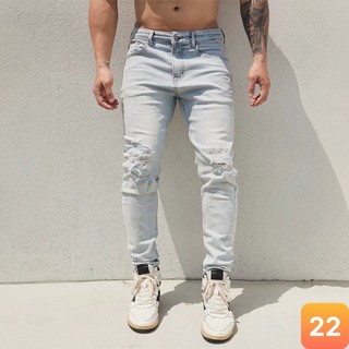 Quần jeans nam màu xanh nhạt rách gối chất liệu bò jean cao cấp co dãn 4 chiều đẹp form rin skinny LAVADO62